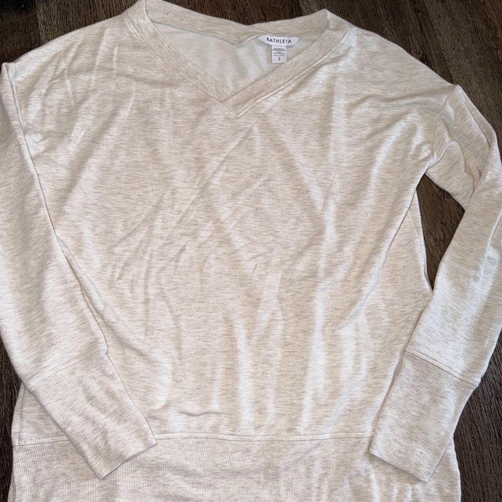 Athleta Heathered Modal Blend V Neck Sweatshirt Size Small Oatmeal